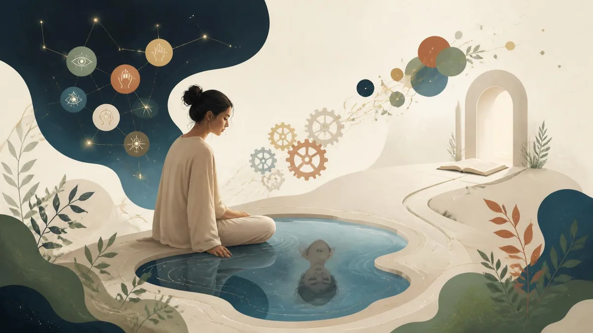 Illustration : une femme assise au bord d'un bassin, observant son reflet, entourée d'une constellation d'intelligences et d'engrenages.