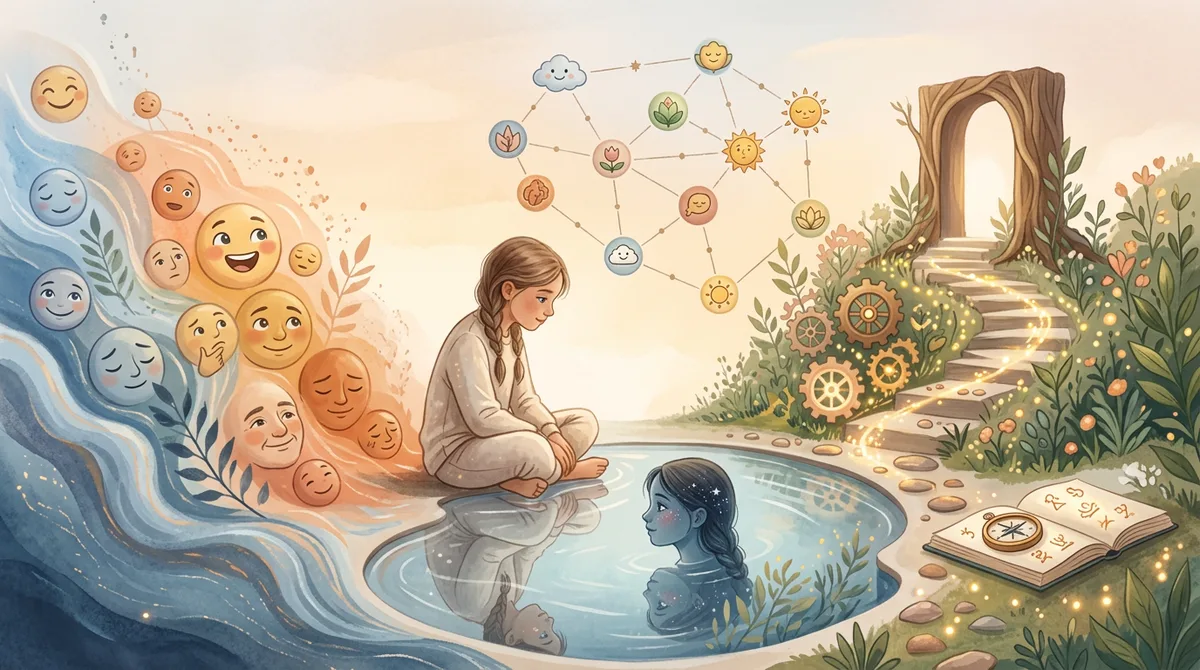 Illustration : une enfant assise au bord d'un bassin, observant son reflet, entourée d'émotions et d'une constellation d'intelligences.