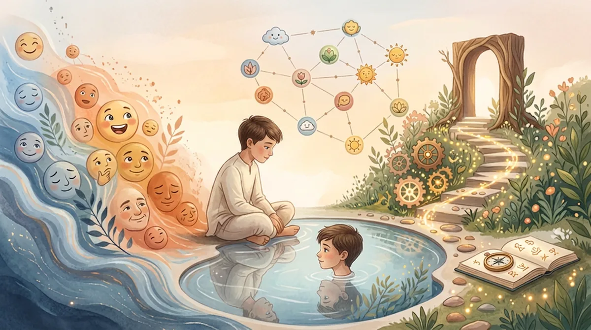 Illustration : un préadolescent assis au bord d'un bassin, observant son reflet, entouré d'émotions et d'une constellation d'intelligences.